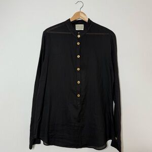 Giada-Forte Shirt Made in Italy 100% Cotton Sheer Collarless Blouse Gold Buttons